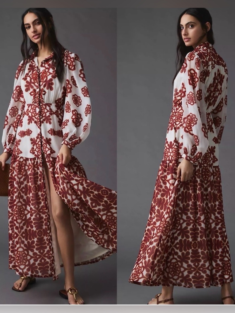 Anthropologie Women’s Vineet Bahl Printed Shirt Dress Dar Red Cream Small NWOT